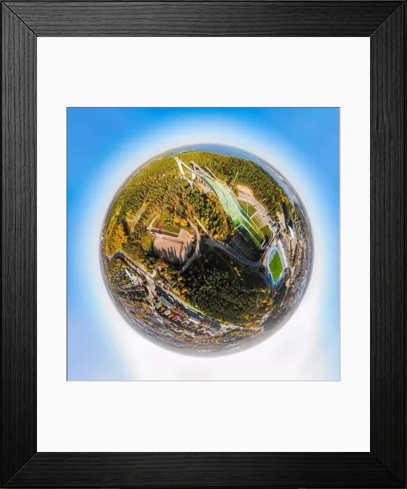 Framed Print : A three dimensional aerial panoramic view of Lahti sports centre with three ski jump towers Framed Print : A three dimensional aerial panoramic view of Lahti sports centre with three ski jump towers