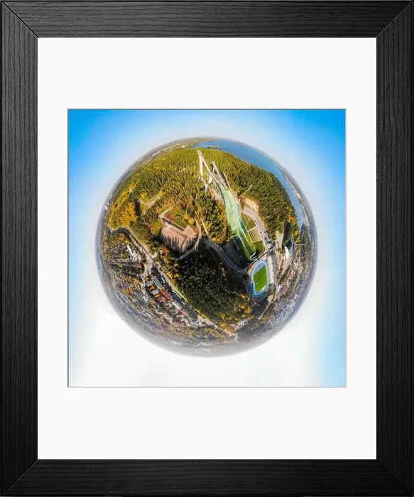 Framed Print : A three dimensional aerial panoramic view of Lahti sports centre with three ski jump towers Framed Print : A three dimensional aerial panoramic view of Lahti sports centre with three ski jump towers