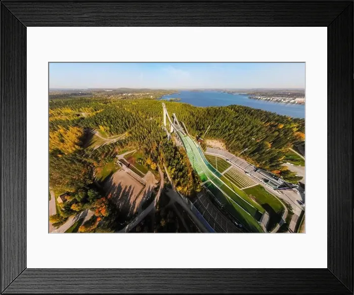 Framed Print : Aerial panoramic view of Lahti sports centre with three ski jump towers Framed Print : Aerial panoramic view of Lahti sports centre with three ski jump towers