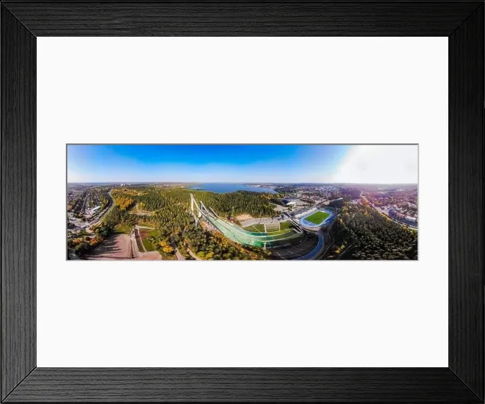 Framed Print : Aerial panoramic view of Lahti sports centre with three ski jump towers Framed Print : Aerial panoramic view of Lahti sports centre with three ski jump towers