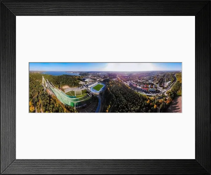 Framed Print : Aerial panoramic view of Lahti sports centre with three ski jump towers Framed Print : Aerial panoramic view of Lahti sports centre with three ski jump towers