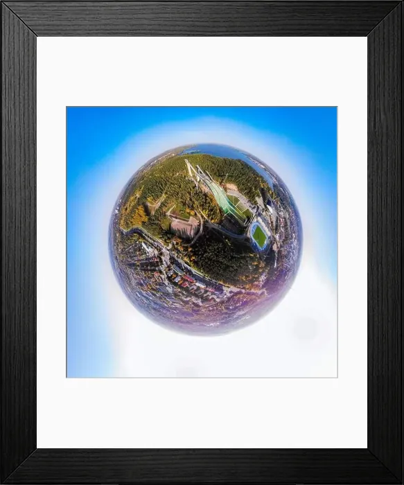 Framed Print : A three dimensional aerial panoramic view of Lahti sports centre with three ski jump towers Framed Print : A three dimensional aerial panoramic view of Lahti sports centre with three ski jump towers