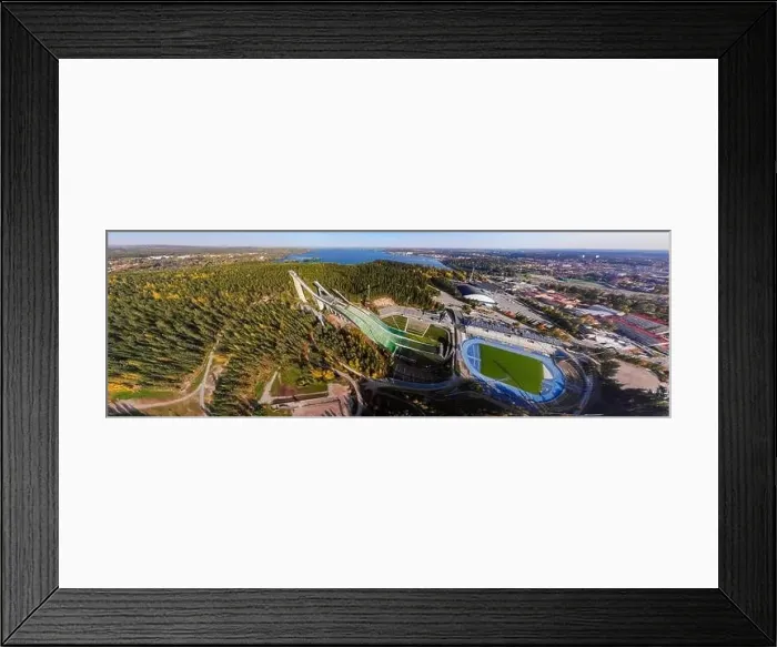 Framed Print : Aerial panoramic view of Lahti sports centre with three ski jump towers Framed Print : Aerial panoramic view of Lahti sports centre with three ski jump towers