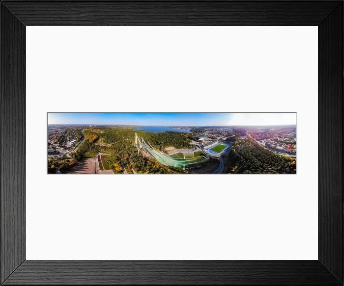 Framed Print : Aerial panoramic view of Lahti sports centre with three ski jump towers Framed Print : Aerial panoramic view of Lahti sports centre with three ski jump towers