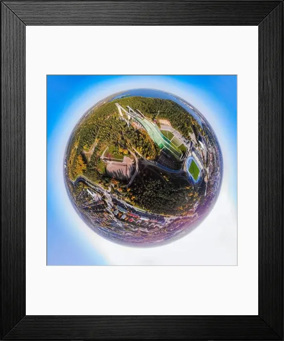 Framed Print : A three dimensional aerial panoramic view of Lahti sports centre with three ski jump towers Framed Print : A three dimensional aerial panoramic view of Lahti sports centre with three ski jump towers