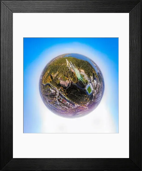 Framed Print : A three dimensional aerial panoramic view of Lahti sports centre with three ski jump towers Framed Print : A three dimensional aerial panoramic view of Lahti sports centre with three ski jump towers