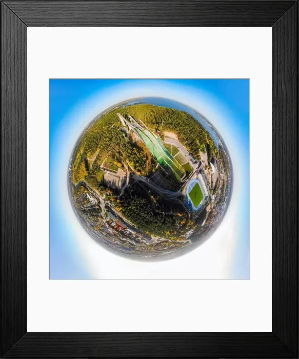 Framed Print : A three dimensional aerial panoramic view of Lahti sports centre with three ski jump towers Framed Print : A three dimensional aerial panoramic view of Lahti sports centre with three ski jump towers