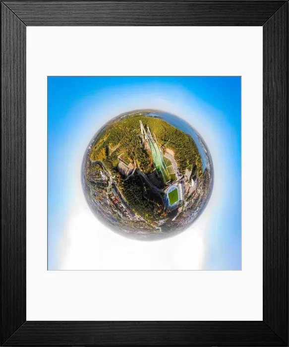 Framed Print : A three dimensional aerial panoramic view of Lahti sports centre with three ski jump towers Framed Print : A three dimensional aerial panoramic view of Lahti sports centre with three ski jump towers
