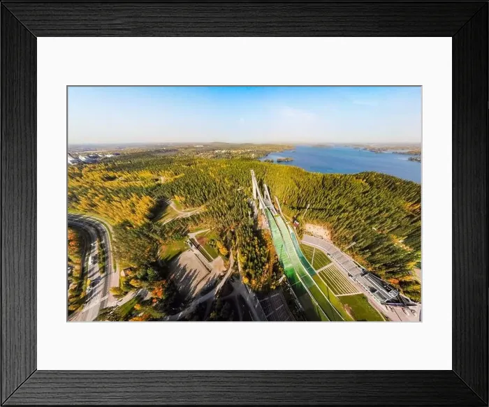 Framed Print : Aerial panoramic view of Lahti sports centre with three ski jump towers Framed Print : Aerial panoramic view of Lahti sports centre with three ski jump towers