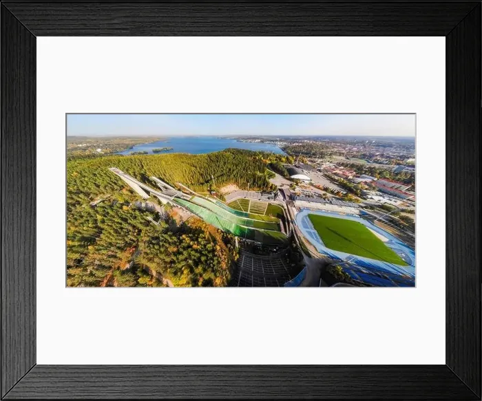 Framed Print : Aerial panoramic view of Lahti sports centre with three ski jump towers Framed Print : Aerial panoramic view of Lahti sports centre with three ski jump towers