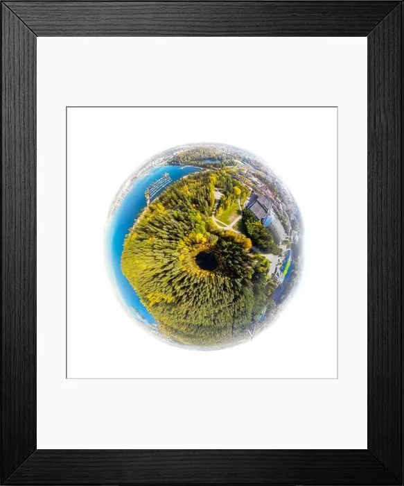 Framed Print : A three dimensional aerial panoramic view of small forest lake Haransilma and harbor on lake Vesijarvi in Lahti Framed Print : A three dimensional aerial panoramic view of small forest lake Haransilma and harbor on lake Vesijarvi in Lahti