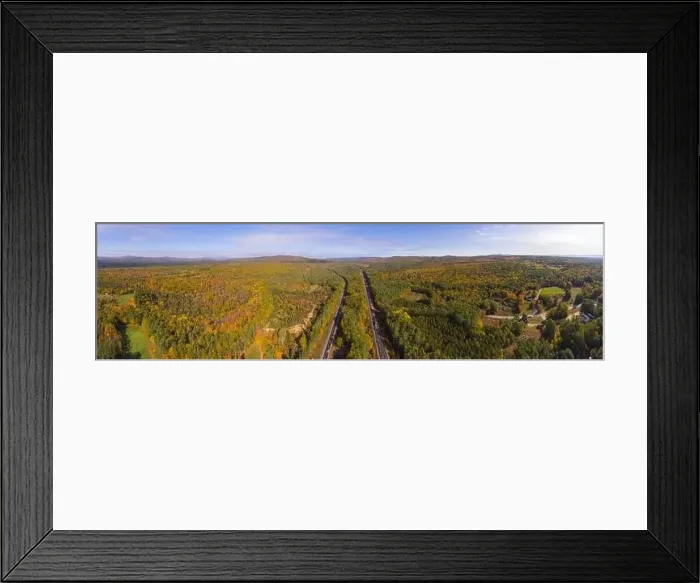 Framed Print : Interstate Highway 93 at Exit 22 with NH Route 127 in White Mountain National Forest panorama aerial view with fall Framed Print : Interstate Highway 93 at Exit 22 with NH Route 127 in White Mountain National Forest panorama aerial view with fall