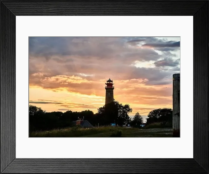 Framed Print : drone view of lighthouses in sunset from northern part of island of Ruegen - called Kap Arkona