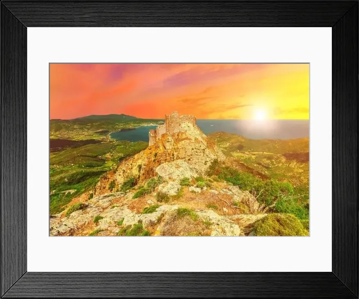 Framed Print : Colorful clouds at sunset sky over Volterraio Castle on rock at 394 m Framed Print : Colorful clouds at sunset sky over Volterraio Castle on rock at 394 m