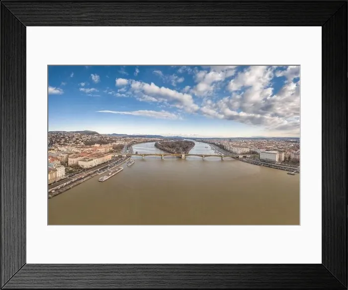 Framed Print : Aerial drone shot of Margret Bridge over Danube in Budapest winter morning with overcast Framed Print : Aerial drone shot of Margret Bridge over Danube in Budapest winter morning with overcast