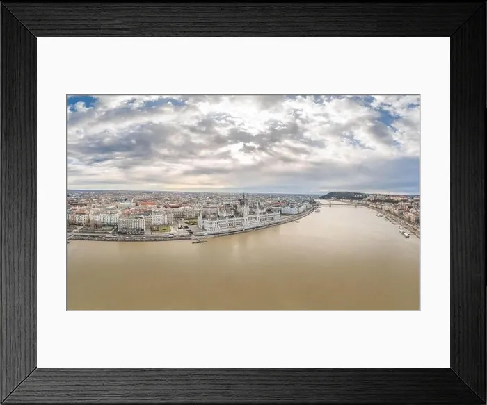 Framed Print : Aerial pano drone shot of Hungarian Parliament by Ddanube in Budapest winter morning Framed Print : Aerial pano drone shot of Hungarian Parliament by Ddanube in Budapest winter morning