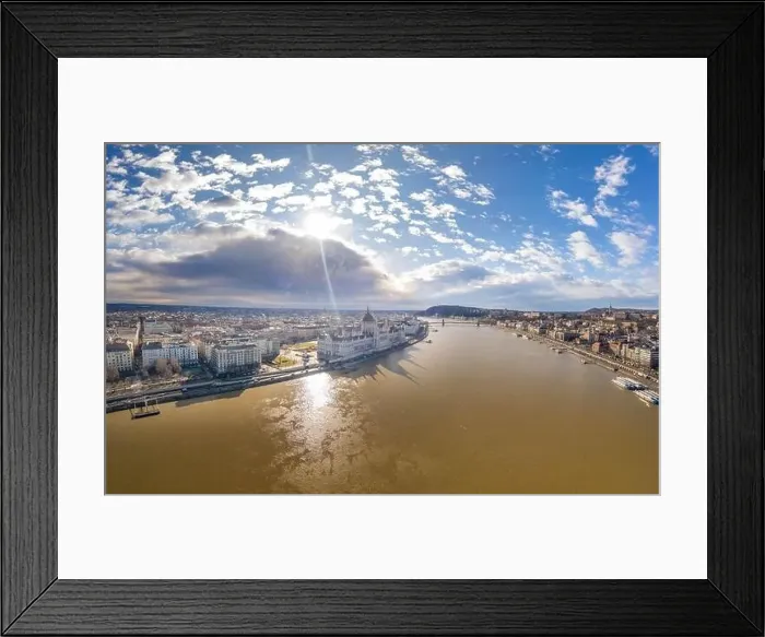 Framed Print : Aerial drone shot of Hungarian Parliament with overcast clouds in Budapest Winter morning