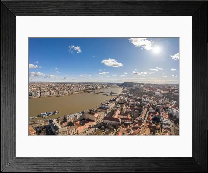 Framed Print : Aerial drone shot of Chain bridge over Danube from Buda hill in Budapest winter morning Framed Print : Aerial drone shot of Chain bridge over Danube from Buda hill in Budapest winter morning