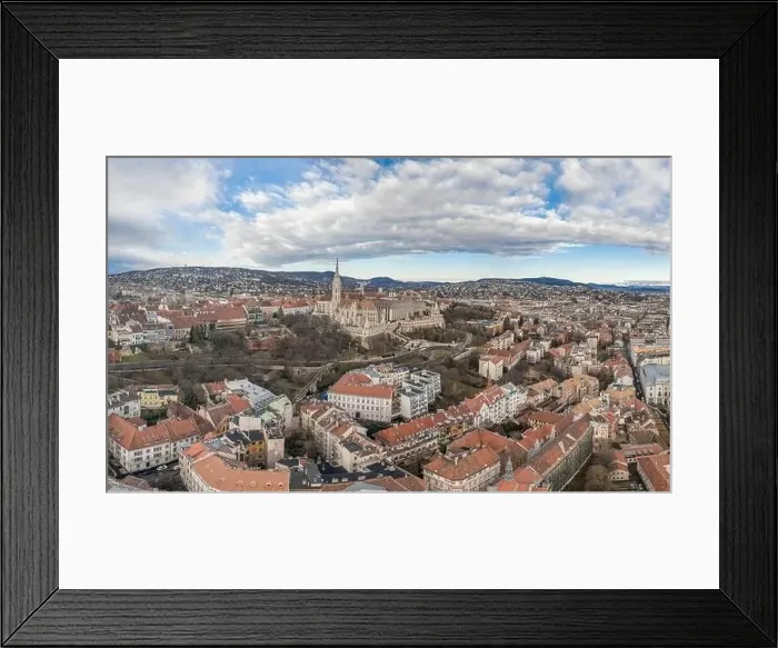 Framed Print : Aerial drone shot of Matthias Church on Buda hill during Budapest before sunrise in winter morning Framed Print : Aerial drone shot of Matthias Church on Buda hill during Budapest before sunrise in winter morning