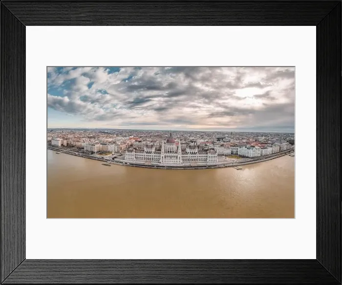 Framed Print : Wide angle aerial drone shot of Hungarian Parliament with clouds in Budapest Winter morning Framed Print : Wide angle aerial drone shot of Hungarian Parliament with clouds in Budapest Winter morning