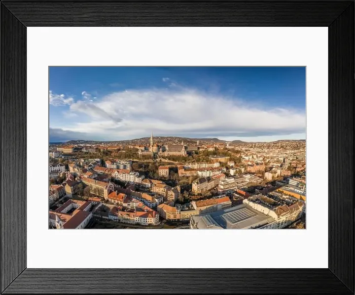 Framed Print : Aerial drone shot of Fisherman's Bastion in Budapest morning sun glow in winter Framed Print : Aerial drone shot of Fisherman's Bastion in Budapest morning sun glow in winter