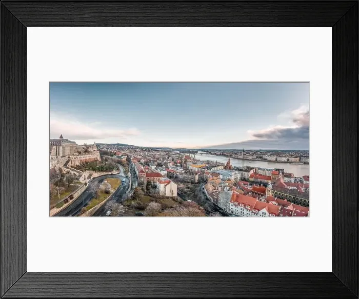 Framed Print : Aerial Panoramic drone shot of Matthias Church on Buda hill in Budapest before sunrise in winter Framed Print : Aerial Panoramic drone shot of Matthias Church on Buda hill in Budapest before sunrise in winter