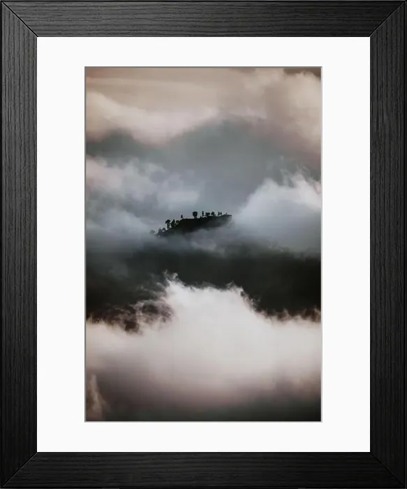 Framed Print : Dramatic scenery of dark mountain top seen through dense gray clouds and fog in highlands Framed Print : Dramatic scenery of dark mountain top seen through dense gray clouds and fog in highlands