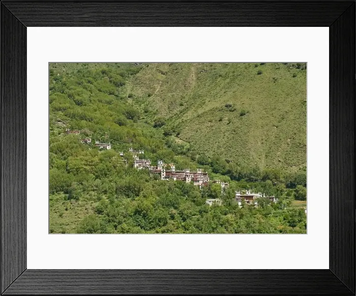 Framed Print : Drone view of green highlands located in hilly terrain with national religious constructions of Sichuan province