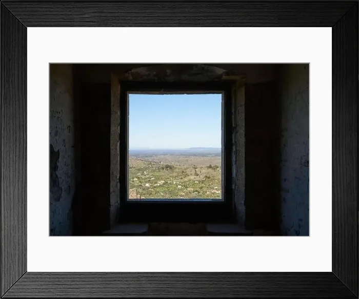 Framed Print : View of Castelo de Video Serra de Sao Mamede mountains landscape through the window of the castle, in Portugal Framed Print : View of Castelo de Video Serra de Sao Mamede mountains landscape through the window of the castle, in Portugal