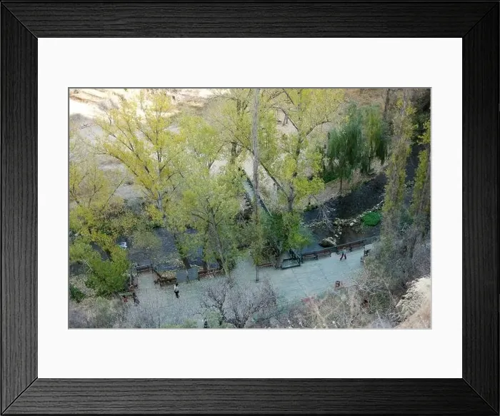 Framed Print : Top view of road, river and green trees in turkish city Framed Print : Top view of road, river and green trees in turkish city
