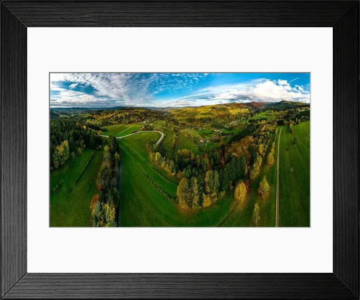 Framed Print : A drone rises above a multi-colored valley in the Vosges Framed Print : A drone rises above a multi-colored valley in the Vosges