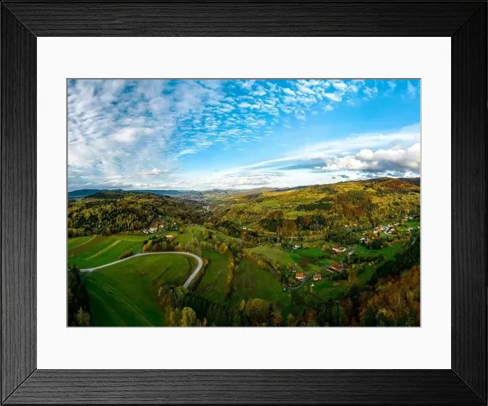 Framed Print : A drone rises above a multi-colored valley in the Vosges Framed Print : A drone rises above a multi-colored valley in the Vosges