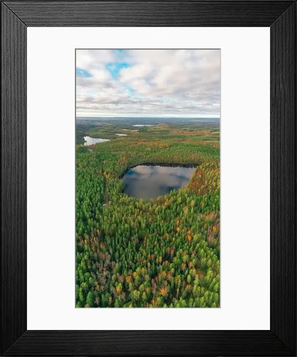 Framed Print : Finland landscape from the air with drone, lake and pine forest, panorama, autumn day. High quality photo Framed Print : Finland landscape from the air with drone, lake and pine forest, panorama, autumn day. High quality photo
