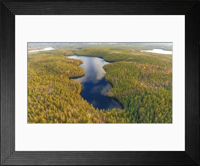 Framed Print : Finland landscape from the air with drone, lake and pine forest, panorama, autumn day. High quality photo Framed Print : Finland landscape from the air with drone, lake and pine forest, panorama, autumn day. High quality photo