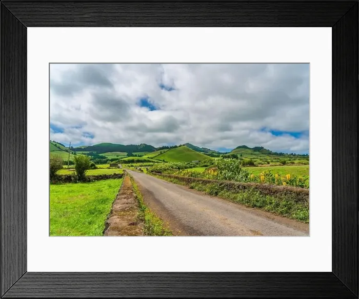 Framed Print : Panorama view of a road at the mountain to Sao Miguel, Azores Portugal with beautiful blue sky Framed Print : Panorama view of a road at the mountain to Sao Miguel, Azores Portugal with beautiful blue sky