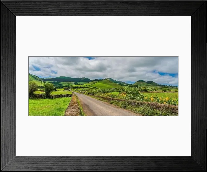Framed Print : Panorama view of a road at the mountain to Sao Miguel, Azores Portugal with beautiful blue sky Framed Print : Panorama view of a road at the mountain to Sao Miguel, Azores Portugal with beautiful blue sky