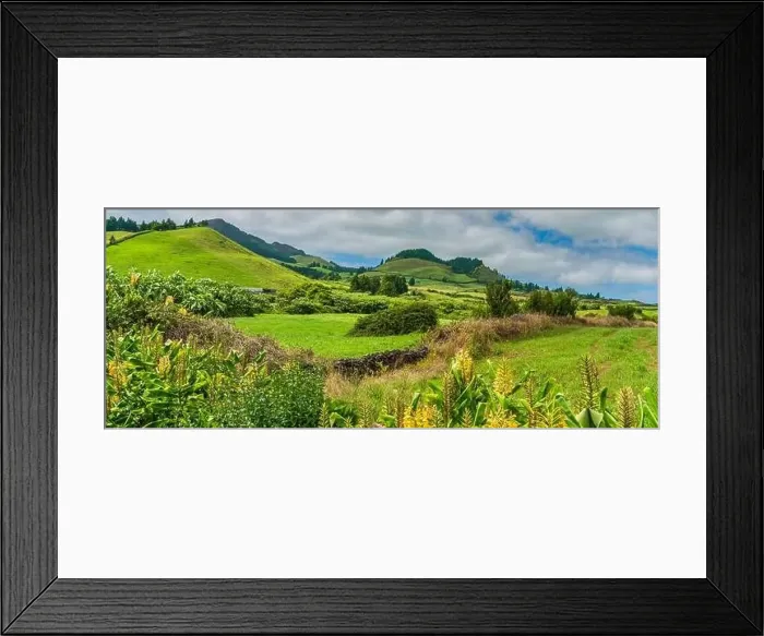 Framed Print : Panorama View from the mountain to Sao Miguel, Azores, Portugal with beautiful blue sky
