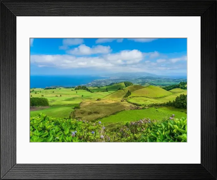 Framed Print : Panorama View from the mountain to Sao Miguel, Azores, Portugal with beautiful blue sky Framed Print : Panorama View from the mountain to Sao Miguel, Azores, Portugal with beautiful blue sky