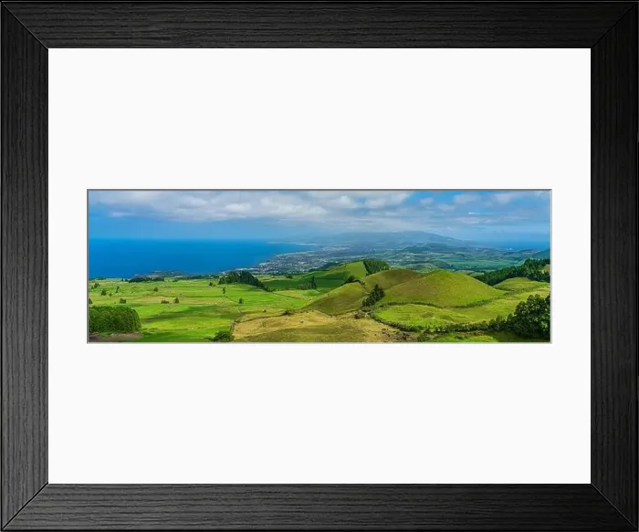 Framed Print : Panorama View from the mountain to Sao Miguel, Azores, Portugal with beautiful blue sky