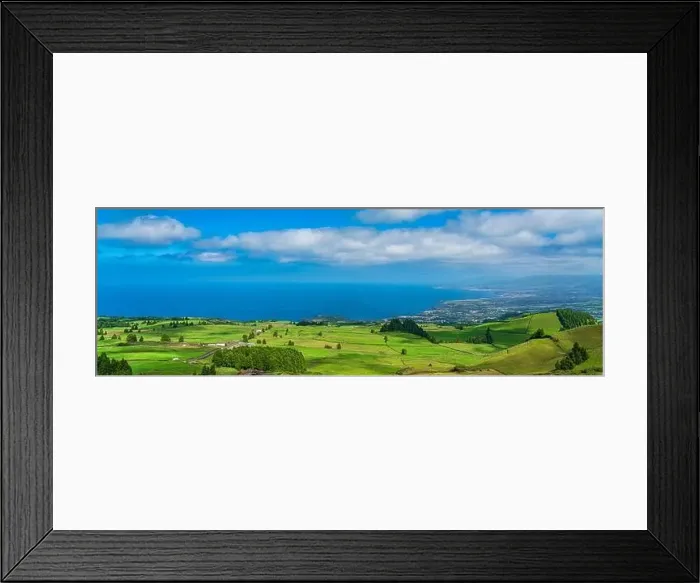 Framed Print : Panorama View from the mountain to Sao Miguel, Azores, Portugal with beautiful blue sky Framed Print : Panorama View from the mountain to Sao Miguel, Azores, Portugal with beautiful blue sky