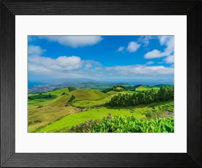Framed Print : Panorama View from the mountain to Sao Miguel, Azores, Portugal with beautiful blue sky Framed Print : Panorama View from the mountain to Sao Miguel, Azores, Portugal with beautiful blue sky