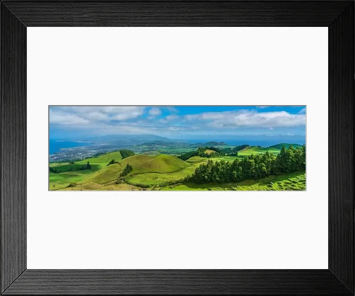 Framed Print : Panorama View from the mountain to Sao Miguel, Azores, Portugal with beautiful blue sky Framed Print : Panorama View from the mountain to Sao Miguel, Azores, Portugal with beautiful blue sky