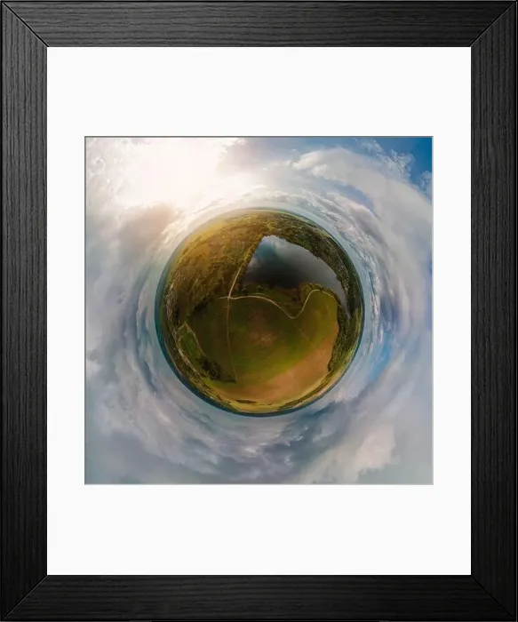 Framed Print : Panoramic view from drone, small planet and blue sky around the globe Framed Print : Panoramic view from drone, small planet and blue sky around the globe