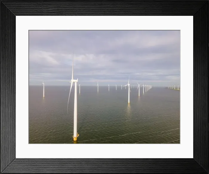 Framed Print : offshore windmill park with clouds and a blue sky, windmill park in the ocean drone aerial view with wind turbine Framed Print : offshore windmill park with clouds and a blue sky, windmill park in the ocean drone aerial view with wind turbine