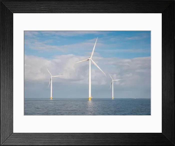Framed Print : offshore windmill park with clouds and a blue sky, windmill park in the ocean drone aerial view with wind turbine Framed Print : offshore windmill park with clouds and a blue sky, windmill park in the ocean drone aerial view with wind turbine