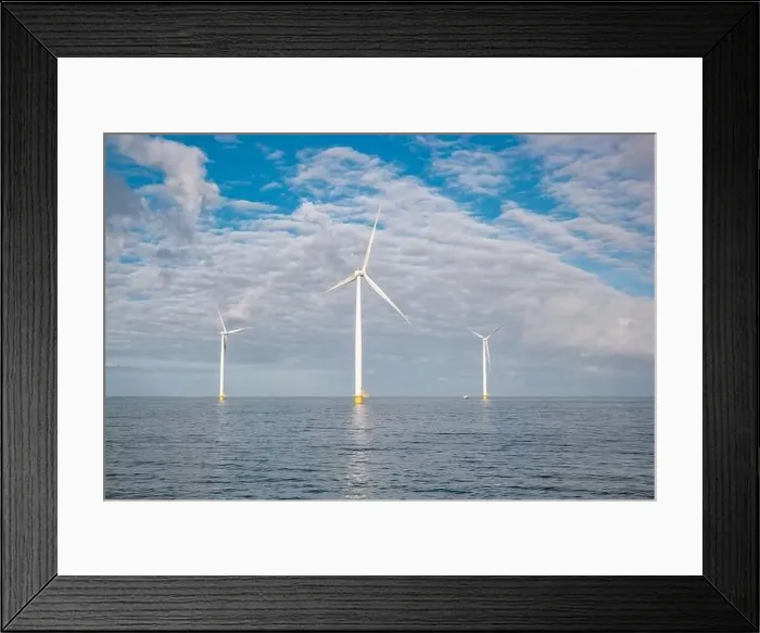 Framed Print : offshore windmill park with clouds and a blue sky, windmill park in the ocean drone aerial view with wind turbine Framed Print : offshore windmill park with clouds and a blue sky, windmill park in the ocean drone aerial view with wind turbine
