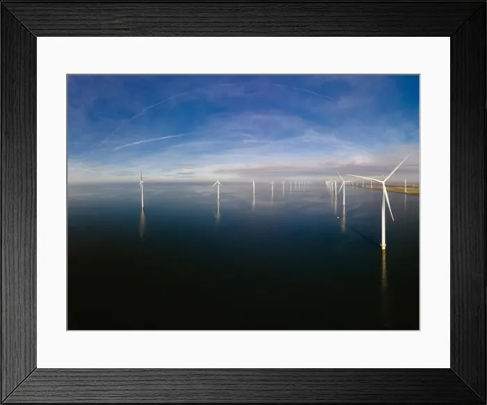 Framed Print : offshore windmill park with clouds and a blue sky, windmill park in the ocean drone aerial view with wind turbine Framed Print : offshore windmill park with clouds and a blue sky, windmill park in the ocean drone aerial view with wind turbine