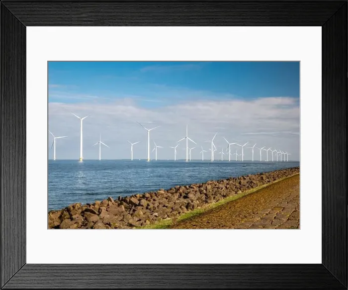 Framed Print : offshore windmill park with clouds and a blue sky, windmill park in the ocean drone aerial view with wind turbine Framed Print : offshore windmill park with clouds and a blue sky, windmill park in the ocean drone aerial view with wind turbine