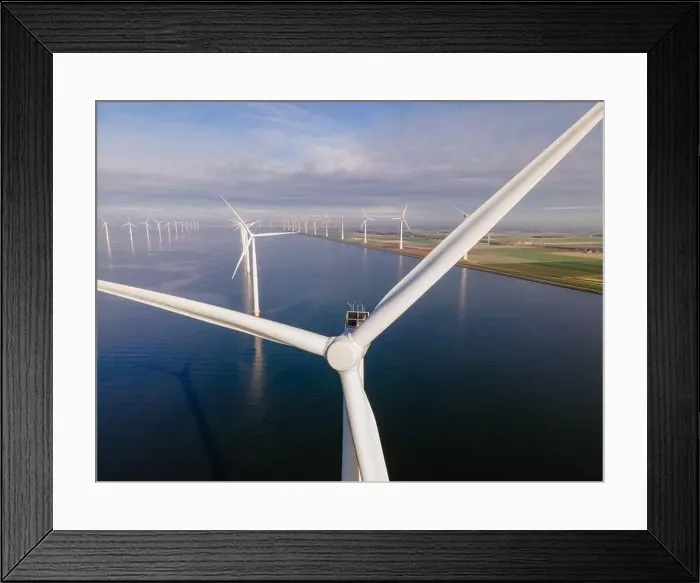 Framed Print : offshore windmill park with clouds and a blue sky, windmill park in the ocean drone aerial view with wind turbine Framed Print : offshore windmill park with clouds and a blue sky, windmill park in the ocean drone aerial view with wind turbine