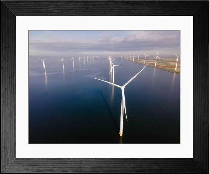 Framed Print : offshore windmill park with clouds and a blue sky, windmill park in the ocean drone aerial view with wind turbine Framed Print : offshore windmill park with clouds and a blue sky, windmill park in the ocean drone aerial view with wind turbine